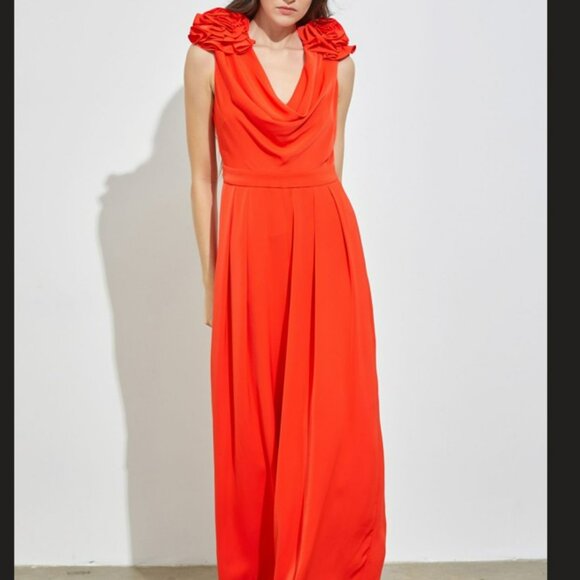 Ruffle V-Neck Jumpsuit with Flowers Sleeve Detailed - Picture 6 of 8